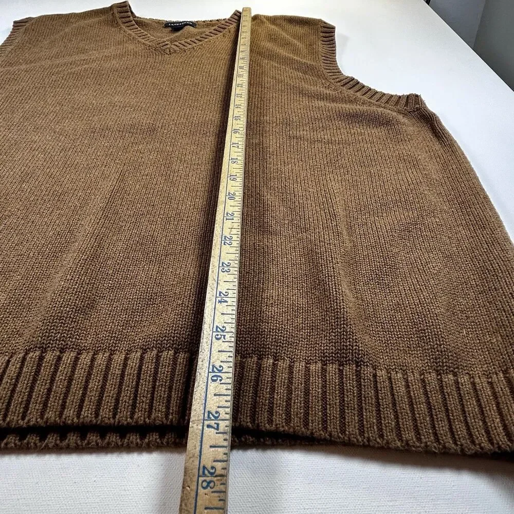 Vintage Lands End V-neck Sweater Vest Brown Tan 100% Cotton Hong Kong Mens XXL